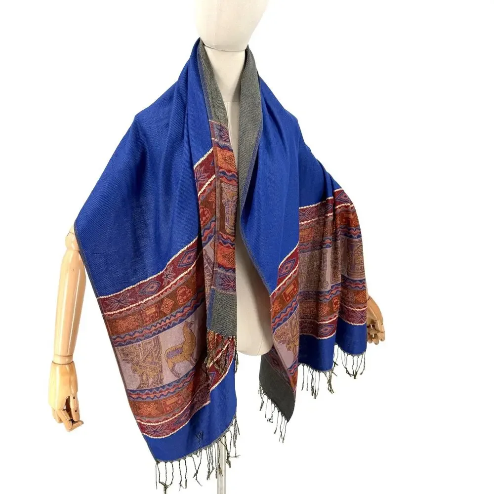 Blue Red 100% Wool Aztec Llama Tribal Scarf